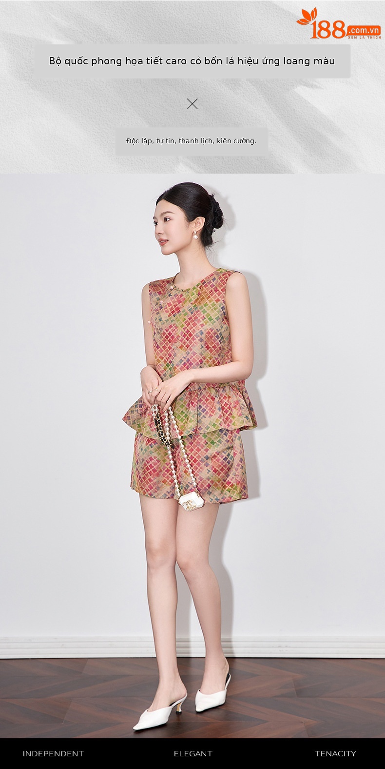 Bộ áo vest jacquard họa tiết cỏ bốn lá kết hợp quần short cạp thun nữ mùa hè — Cỏ bốn lá chi tiết 1
