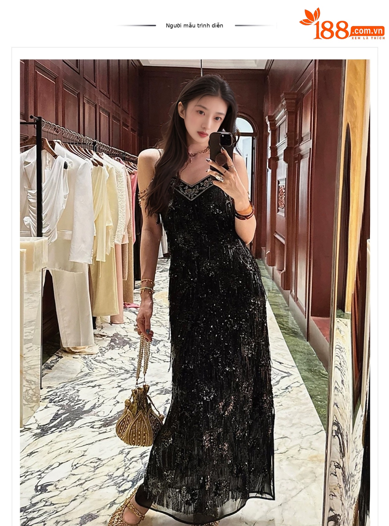 Đầm dây tua rua thêu lưới đính cườm phong cách Trung Quốc mới ZX N7012 — đen obsidian, cơm hạnh nhân chi tiết 1