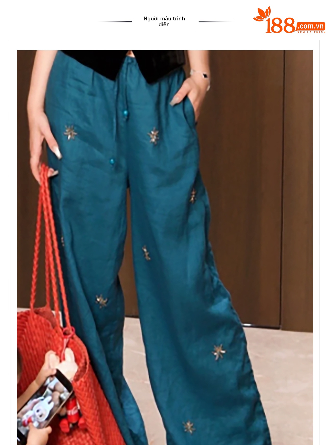 Quần ống rộng nữ vải lanh cao cấp đính cườm, lưng cao, phong cách retro — Màu xanh chàm chi tiết 1