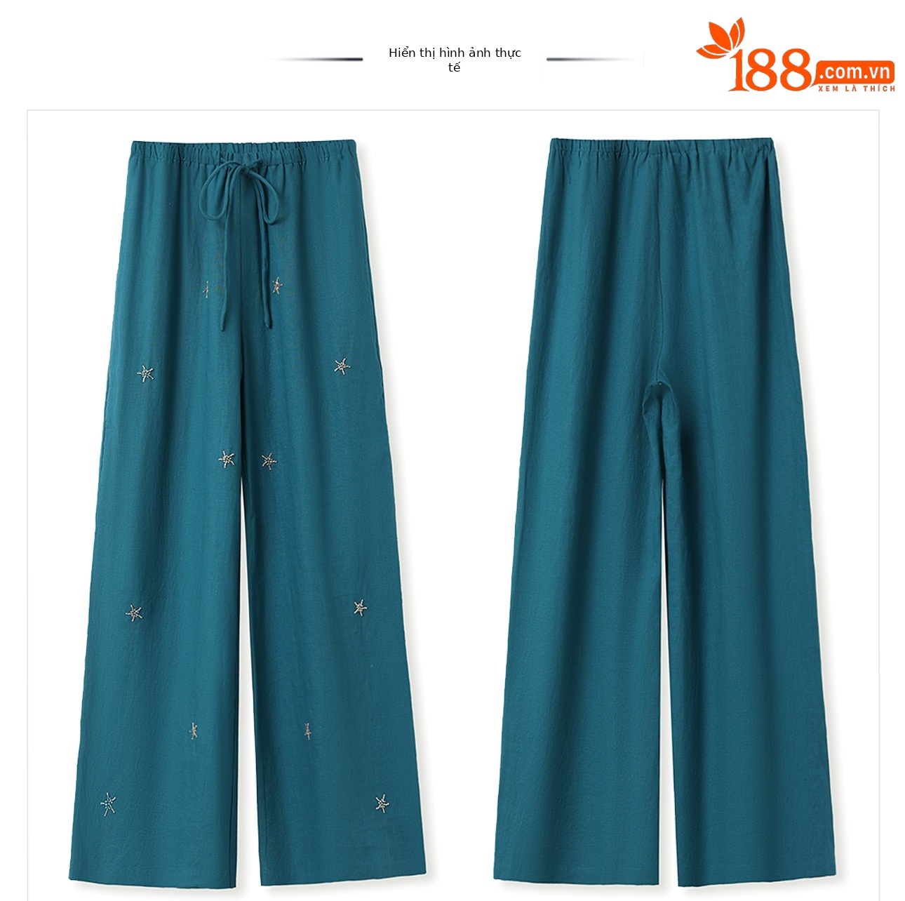 Quần ống rộng nữ vải lanh cao cấp đính cườm, lưng cao, phong cách retro — Màu xanh chàm chi tiết 4