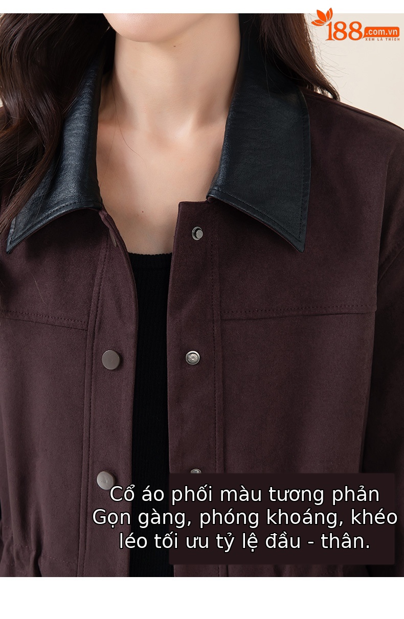 Áo khoác bomber giả da nhung phối ve nhỏ dáng rộng phong cách Hong Kong cổ điển — màu tím anh đào chi tiết 9
