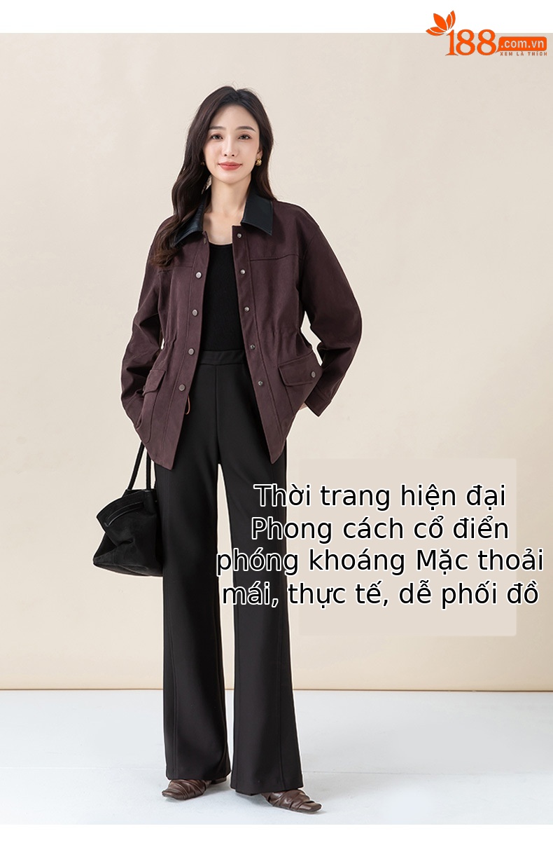 Áo khoác bomber giả da nhung phối ve nhỏ dáng rộng phong cách Hong Kong cổ điển — màu tím anh đào chi tiết 12