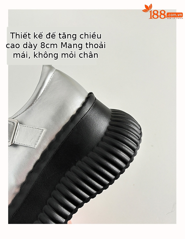 Giày Mary Jane nữ mũi tròn đế dày quai ngang khóa, tăng chiều cao form nhỏ — Màu đen, Màu bạc chi tiết 10