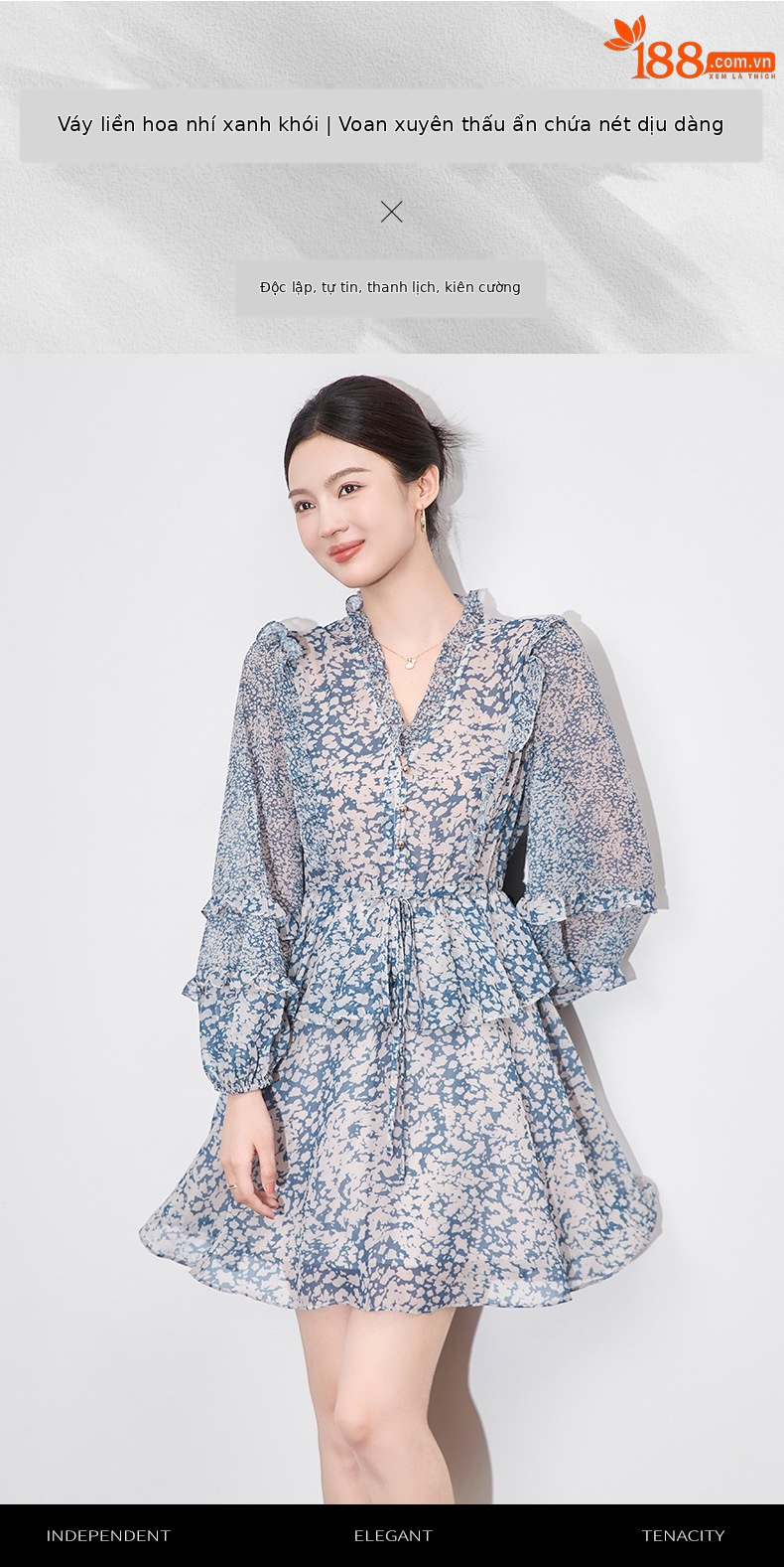 Váy liền maxi kiểu Pháp chít eo voan crepe in hoa chất lượng cao — Màu xanh lam chi tiết 1
