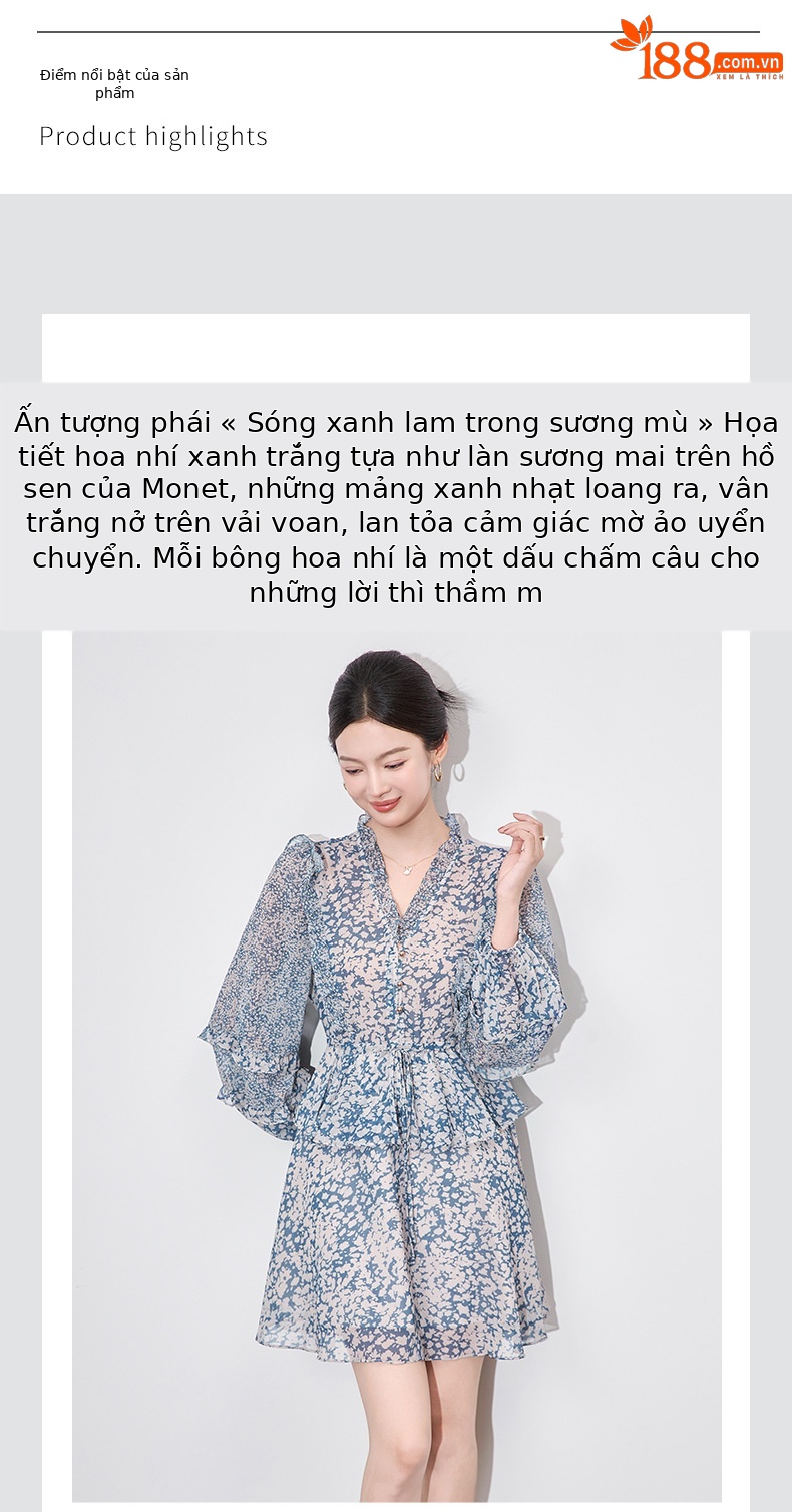 Váy liền maxi kiểu Pháp chít eo voan crepe in hoa chất lượng cao — Màu xanh lam chi tiết 4