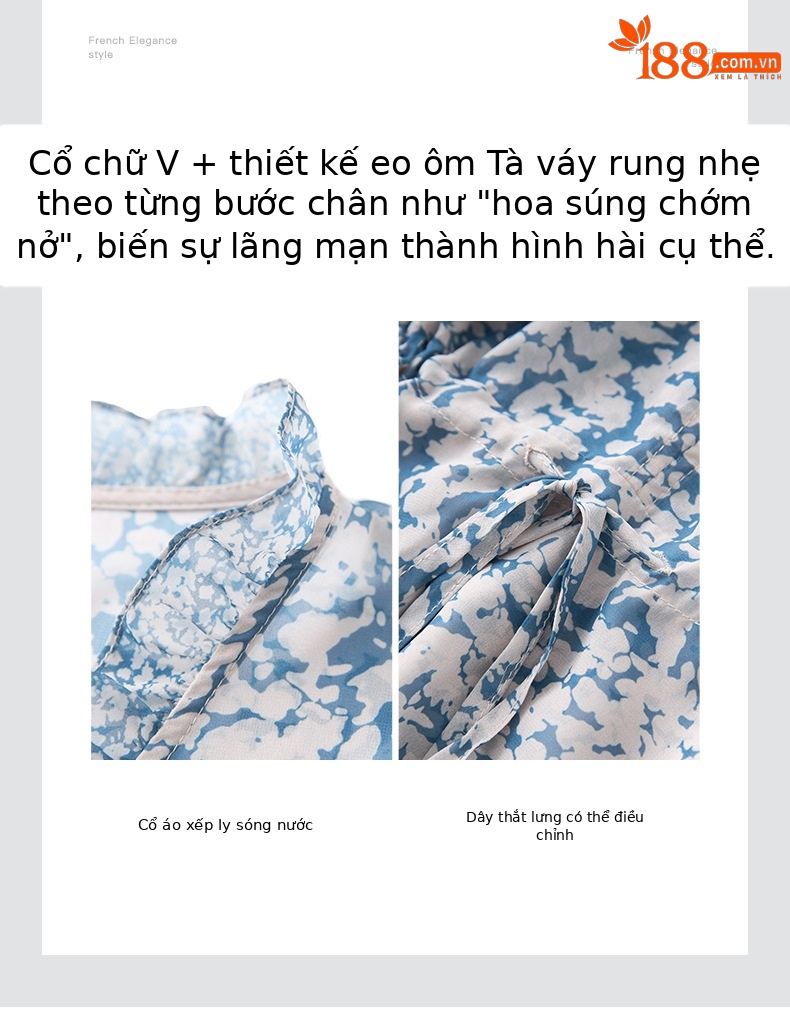 Váy liền maxi kiểu Pháp chít eo voan crepe in hoa chất lượng cao — Màu xanh lam chi tiết 5