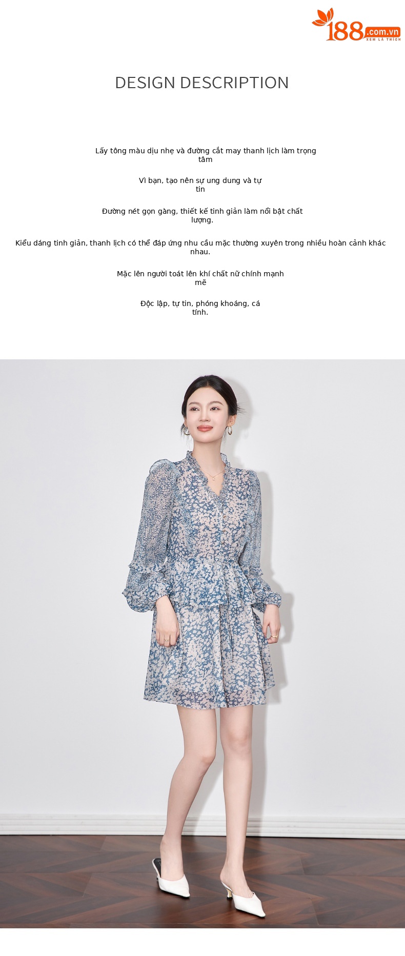 Váy liền maxi kiểu Pháp chít eo voan crepe in hoa chất lượng cao — Màu xanh lam chi tiết 2