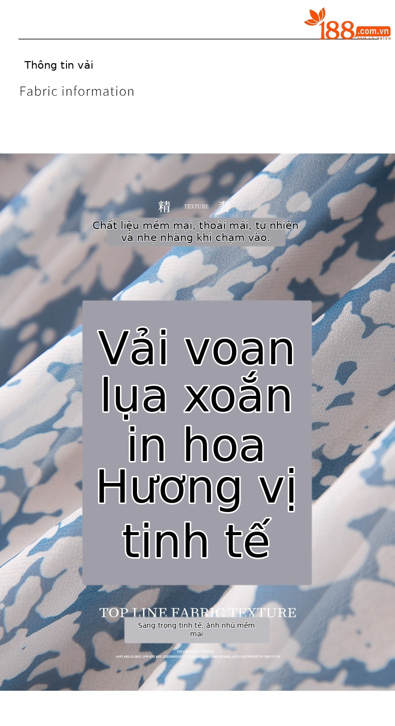 Váy liền maxi kiểu Pháp chít eo voan crepe in hoa chất lượng cao — Màu xanh lam chi tiết 3