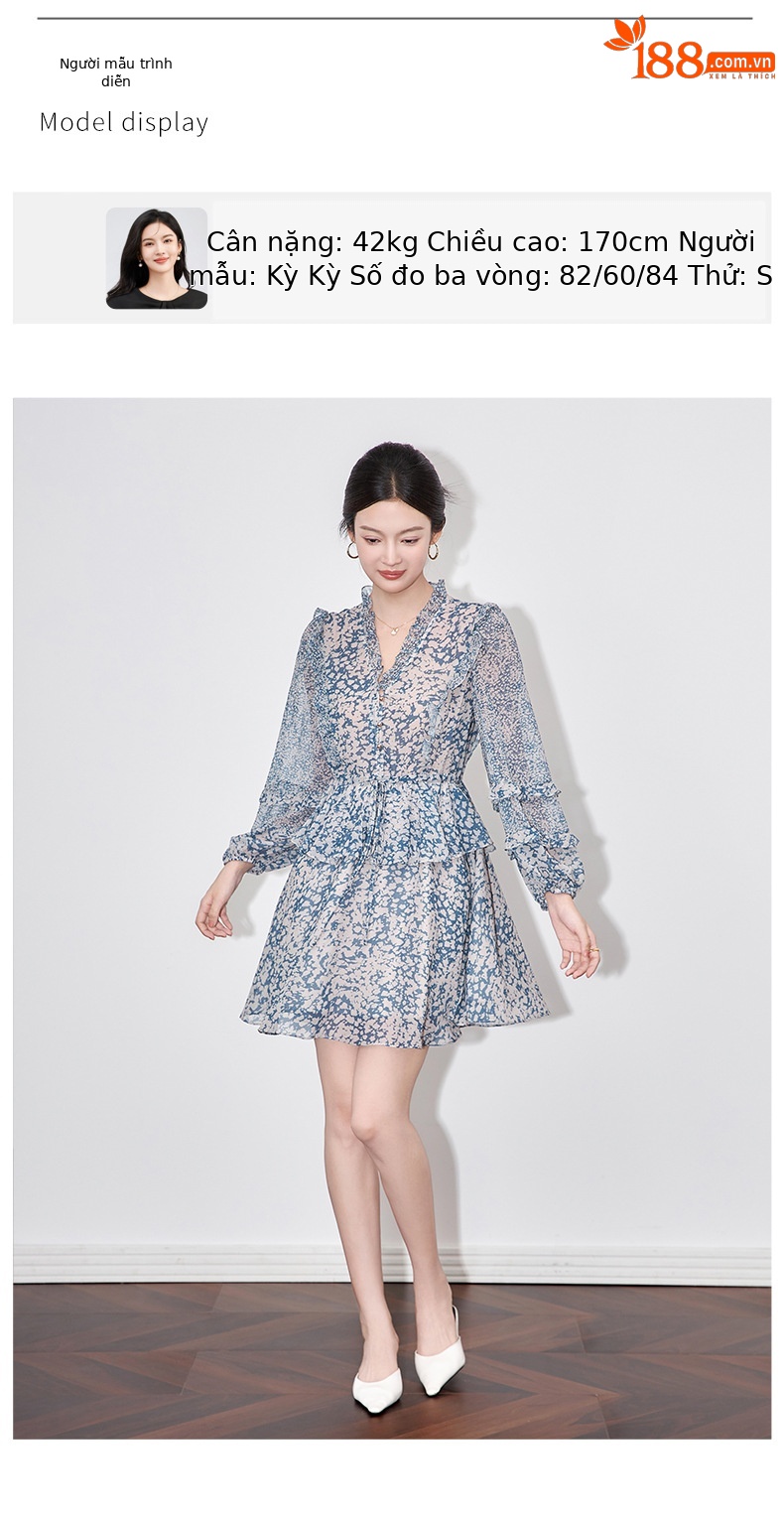 Váy liền maxi kiểu Pháp chít eo voan crepe in hoa chất lượng cao — Màu xanh lam chi tiết 6