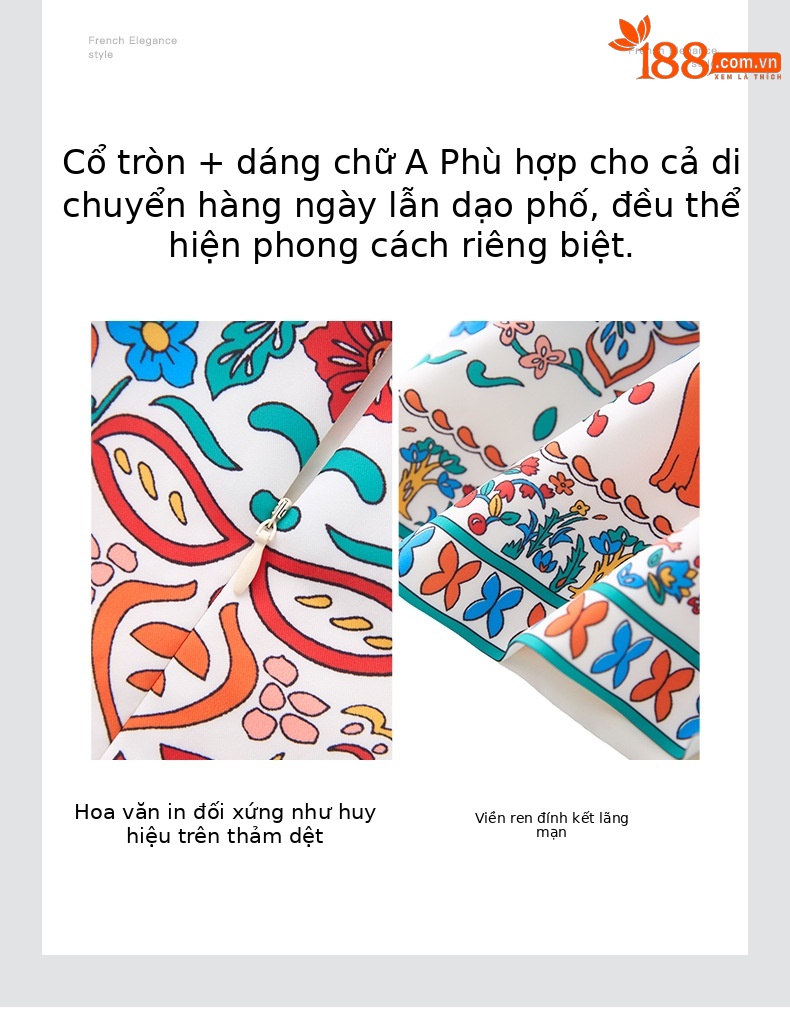 Váy liền chữ A in hoa cổ điển phong cách dân tộc mùa hè — Màu đen chi tiết 5