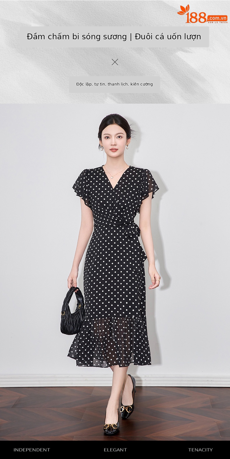 Váy maxi nữ thắt eo chất voan chấm bi phong cách Pháp — Màu đen chi tiết 1