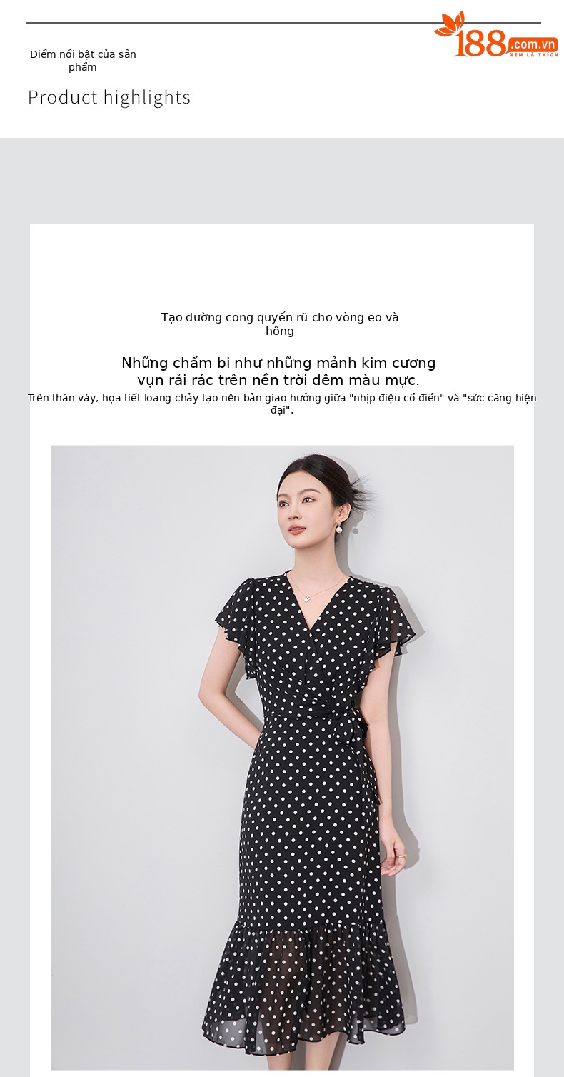 Váy maxi nữ thắt eo chất voan chấm bi phong cách Pháp — Màu đen chi tiết 4