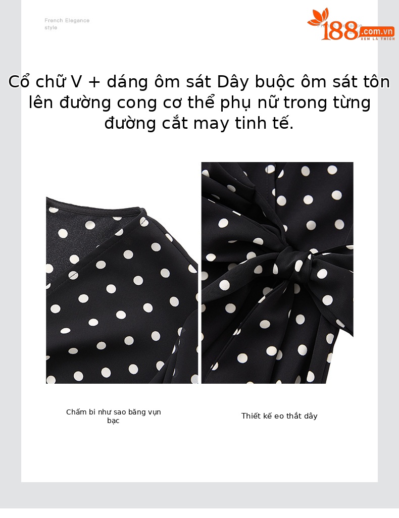 Váy maxi nữ thắt eo chất voan chấm bi phong cách Pháp — Màu đen chi tiết 5