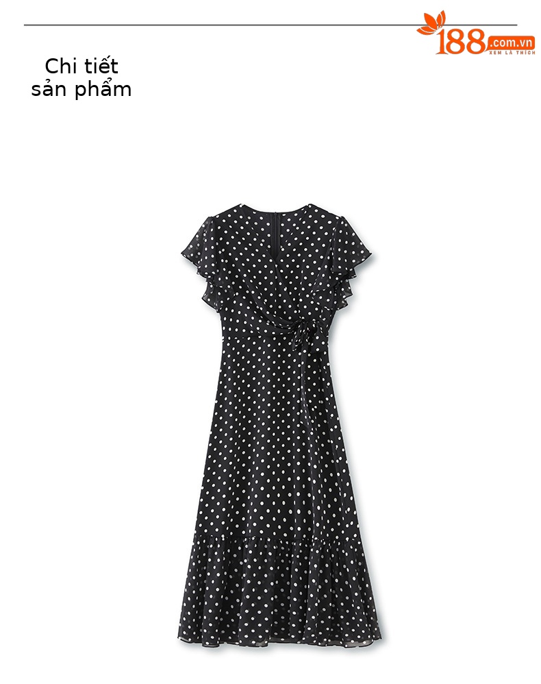 Váy maxi nữ thắt eo chất voan chấm bi phong cách Pháp — Màu đen chi tiết 10
