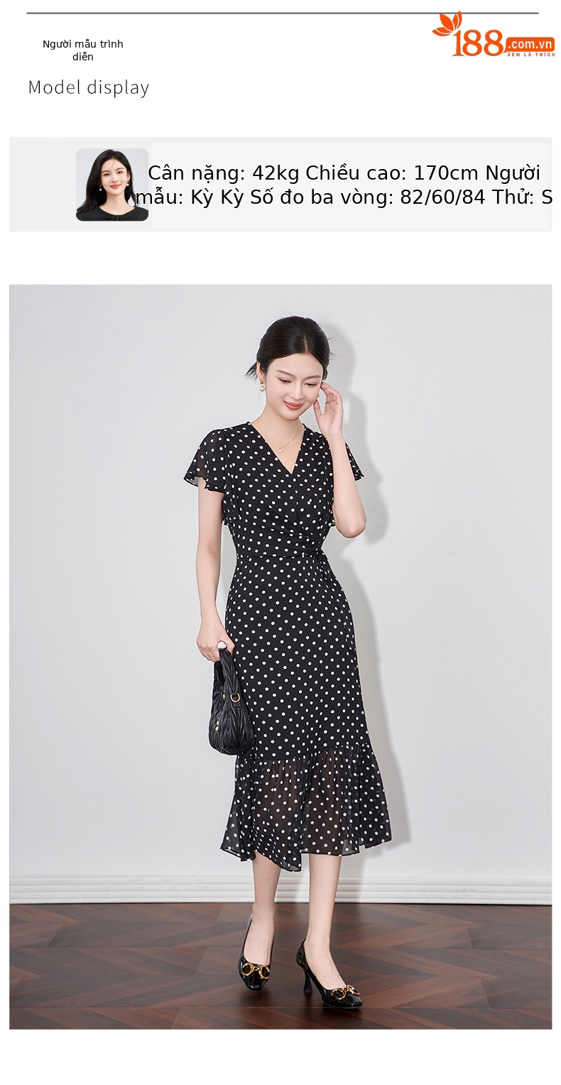 Váy maxi nữ thắt eo chất voan chấm bi phong cách Pháp — Màu đen chi tiết 6