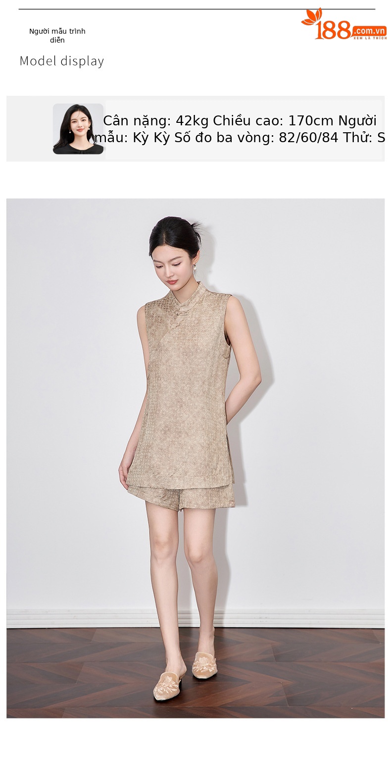 Bộ áo gi lê phối quần short phong cách Trung Hoa mới cho nữ — Màu kaki nhạt chi tiết 6