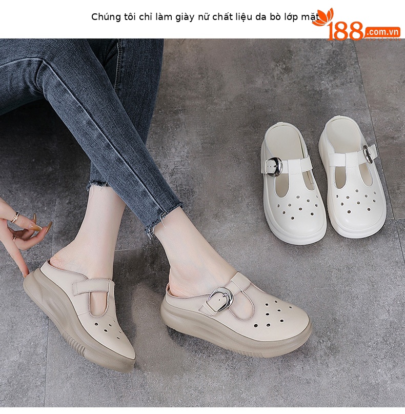 Dép xỏ ngón nữ da bò đế dày phong cách Birkenstock — màu be chi tiết 2