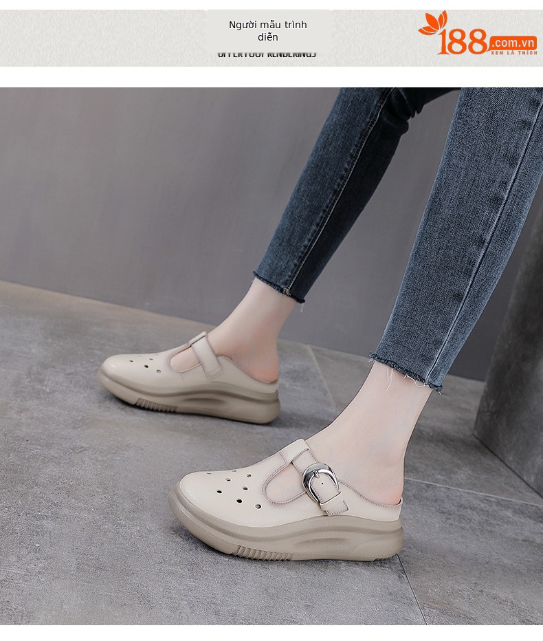 Dép xỏ ngón nữ da bò đế dày phong cách Birkenstock — màu be chi tiết 9