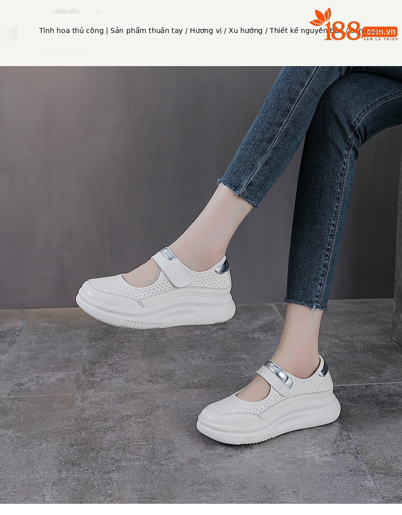 Dép Mary Jane nữ đế dày da bò thật quai Velcro thoáng khí — trắng chi tiết 1