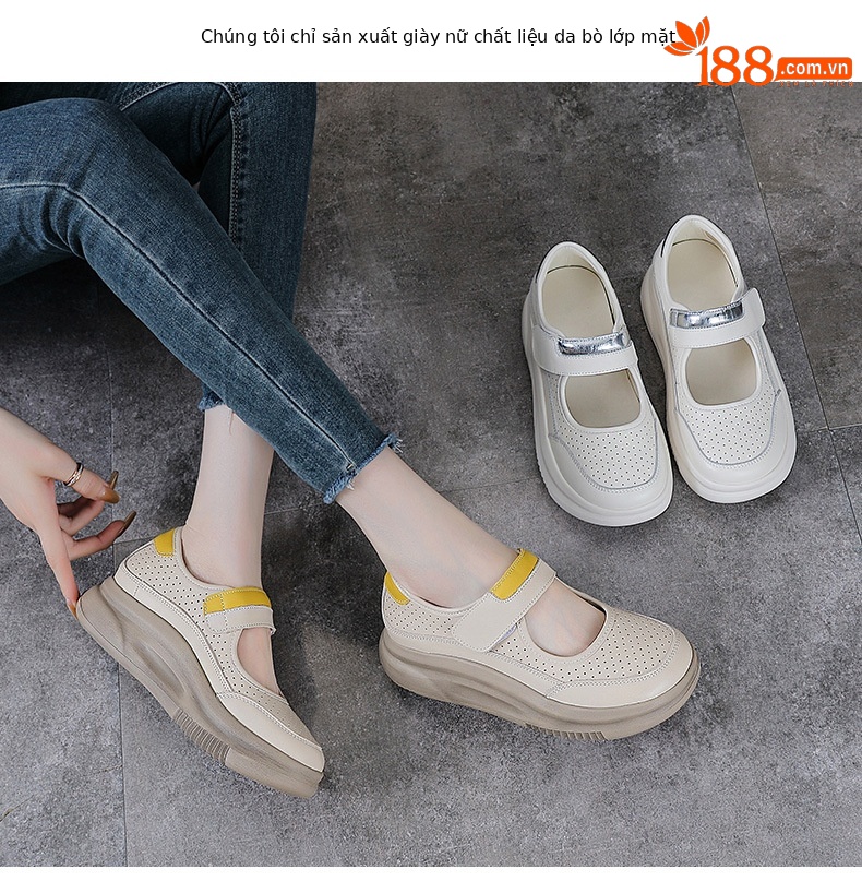 Dép Mary Jane nữ đế dày da bò thật quai Velcro thoáng khí — trắng chi tiết 2