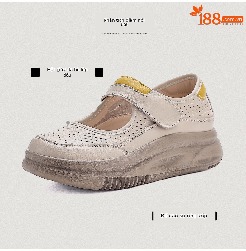 Dép Mary Jane nữ đế dày da bò thật quai Velcro thoáng khí — trắng chi tiết 3