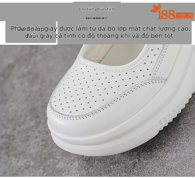 Dép Mary Jane nữ đế dày da bò thật quai Velcro thoáng khí — trắng chi tiết 4