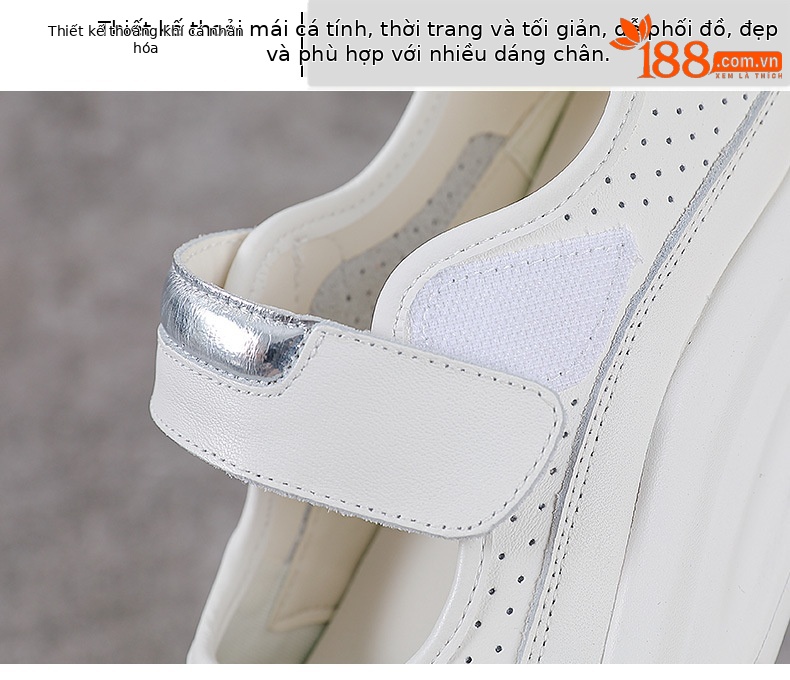 Dép Mary Jane nữ đế dày da bò thật quai Velcro thoáng khí — trắng chi tiết 5