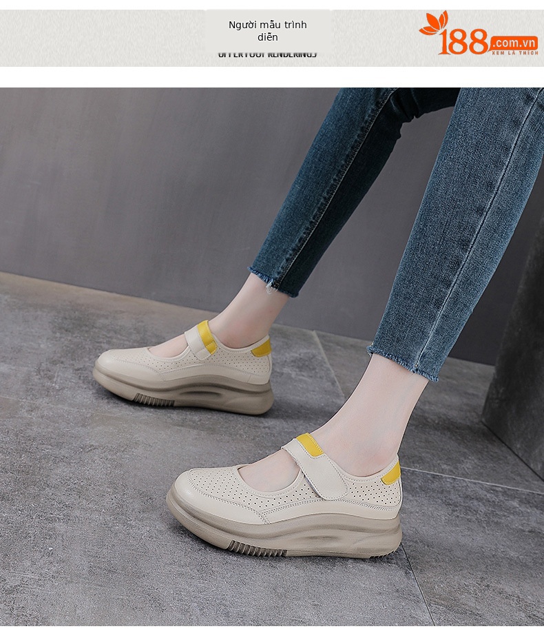 Dép Mary Jane nữ đế dày da bò thật quai Velcro thoáng khí — trắng chi tiết 9
