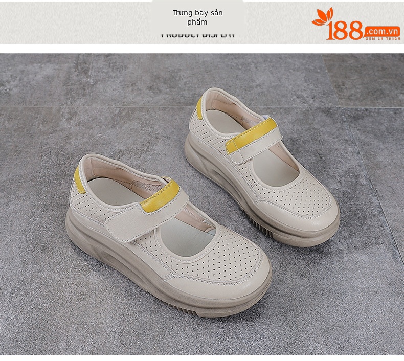 Dép Mary Jane nữ đế dày da bò thật quai Velcro thoáng khí — trắng chi tiết 10