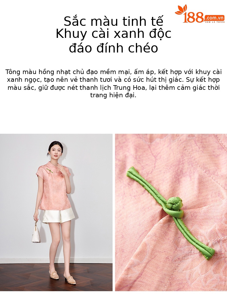 Áo sơ mi nữ phong cách Trung Hoa cổ điển tay dài chất liệu lụa mát lạnh — Hồng phấn chi tiết 6