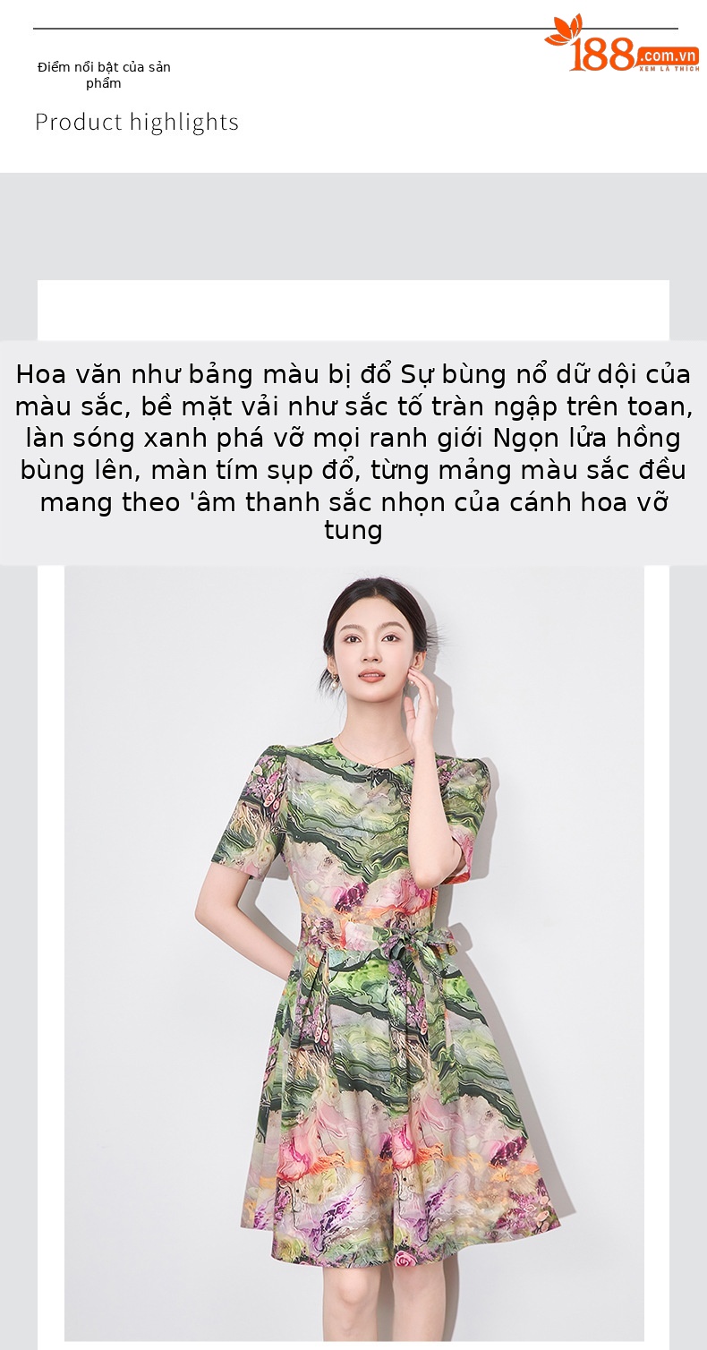 Váy liền thắt eo in họa tiết nặng phong cách du lịch, xòe lớn trẻ trung — Màu xanh lá chi tiết 4
