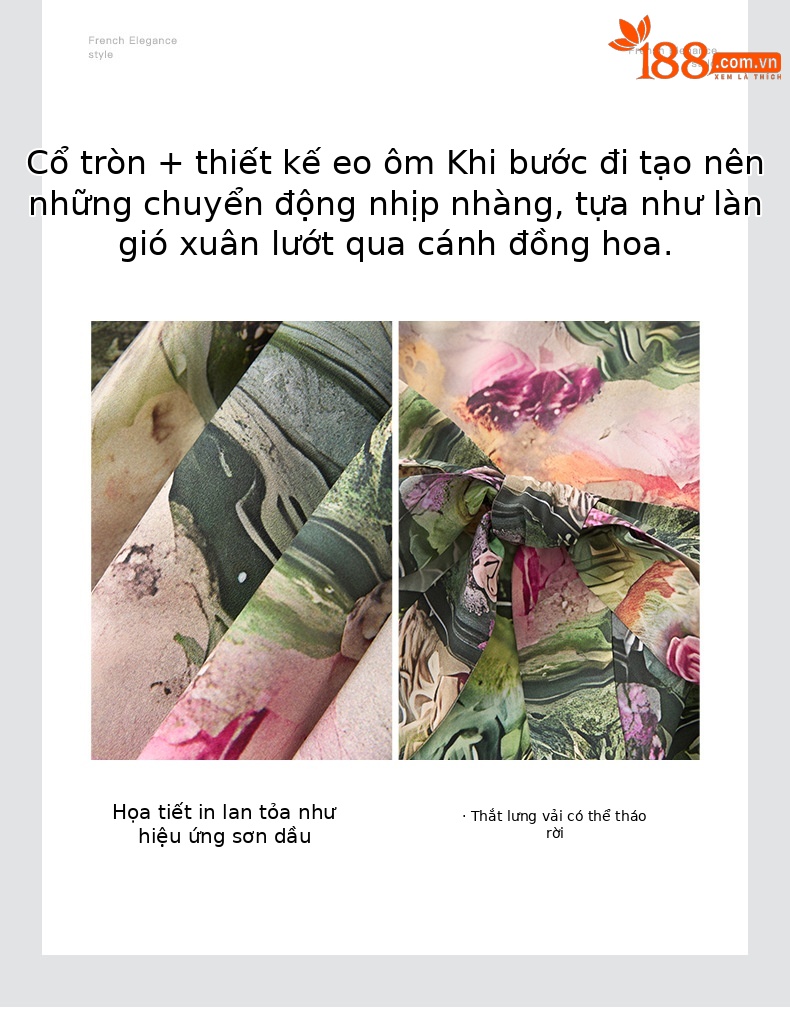 Váy liền thắt eo in họa tiết nặng phong cách du lịch, xòe lớn trẻ trung — Màu xanh lá chi tiết 5