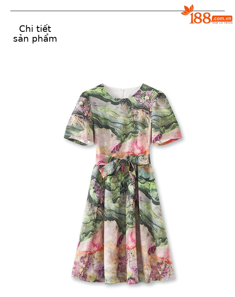 Váy liền thắt eo in họa tiết nặng phong cách du lịch, xòe lớn trẻ trung — Màu xanh lá chi tiết 10