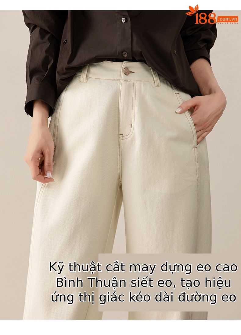 Quần jean nữ ống rộng phong cách Hong Kong chất cotton Tencel dáng rộng — Màu trắng nhạt chi tiết 11