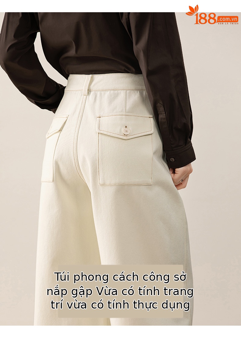Quần jean nữ ống rộng phong cách Hong Kong chất cotton Tencel dáng rộng — Màu trắng nhạt chi tiết 12