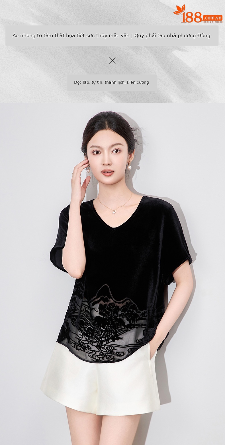 Áo len cổ lọ nữ chất liệu nhung lụa đốt hoa họa tiết sơn thủy — Màu đen chi tiết 1