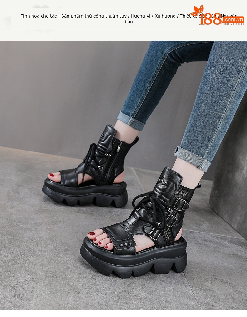 Dép sandal nữ hở mũi cổ điển da thật đế dày — màu be chi tiết 1