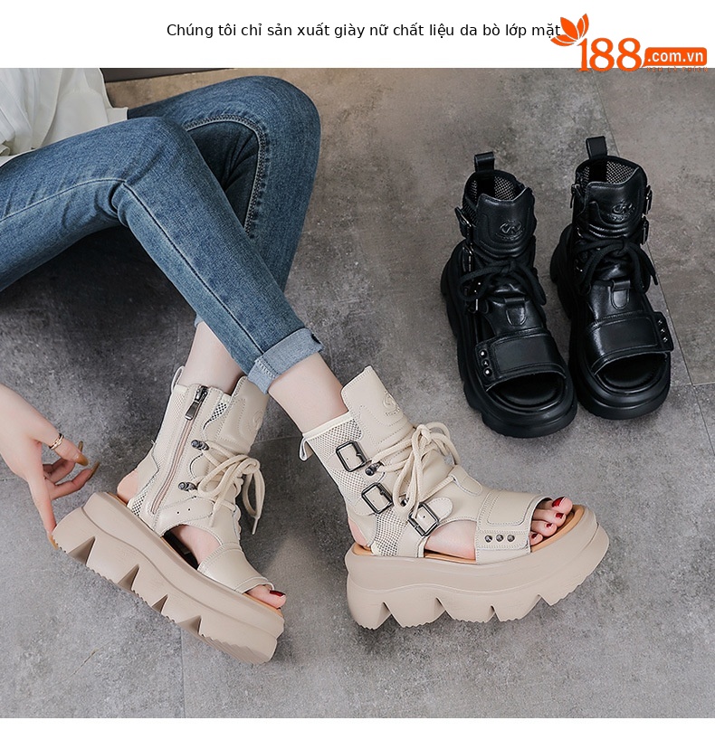 Dép sandal nữ hở mũi cổ điển da thật đế dày — màu be chi tiết 2