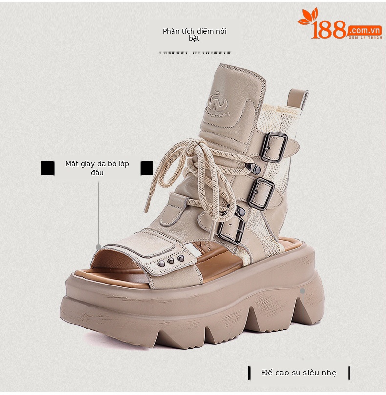 Dép sandal nữ hở mũi cổ điển da thật đế dày — màu be chi tiết 3