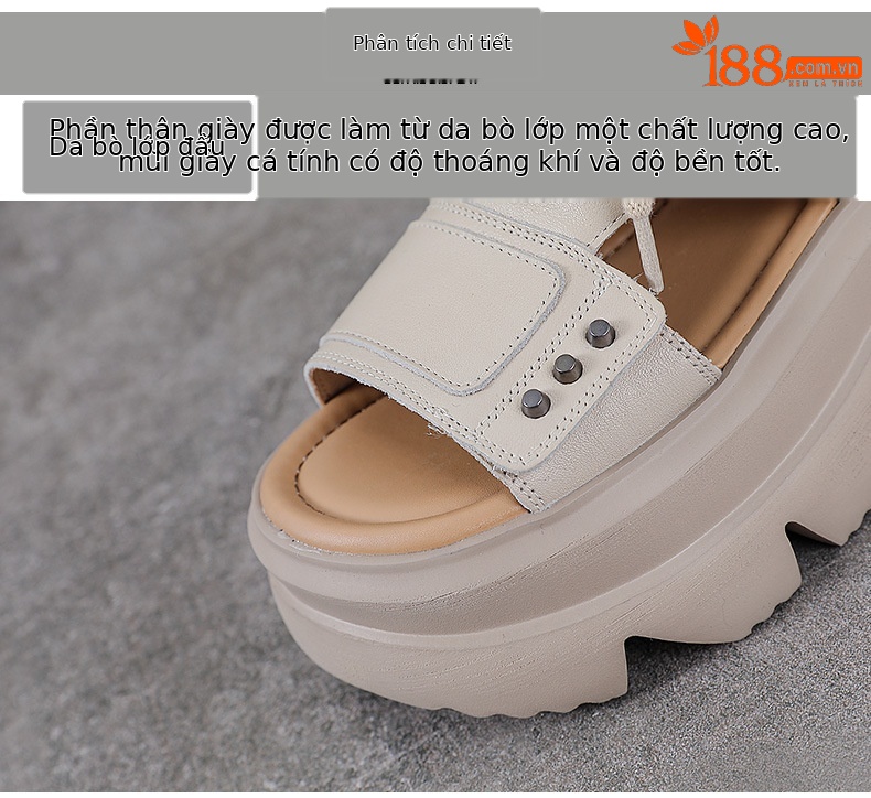 Dép sandal nữ hở mũi cổ điển da thật đế dày — màu be chi tiết 4