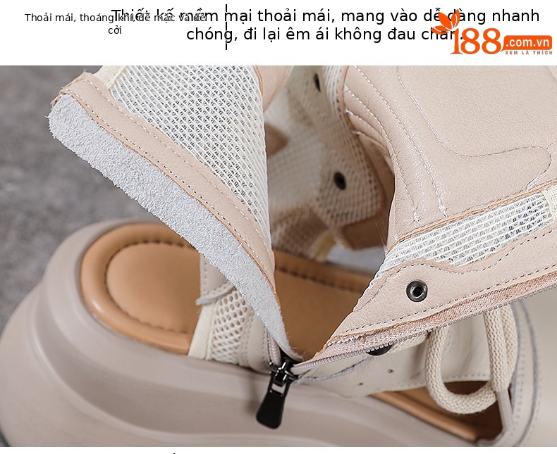 Dép sandal nữ hở mũi cổ điển da thật đế dày — màu be chi tiết 6
