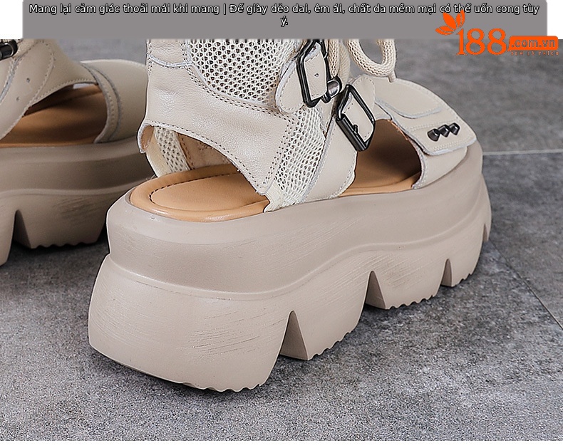 Dép sandal nữ hở mũi cổ điển da thật đế dày — màu be chi tiết 8