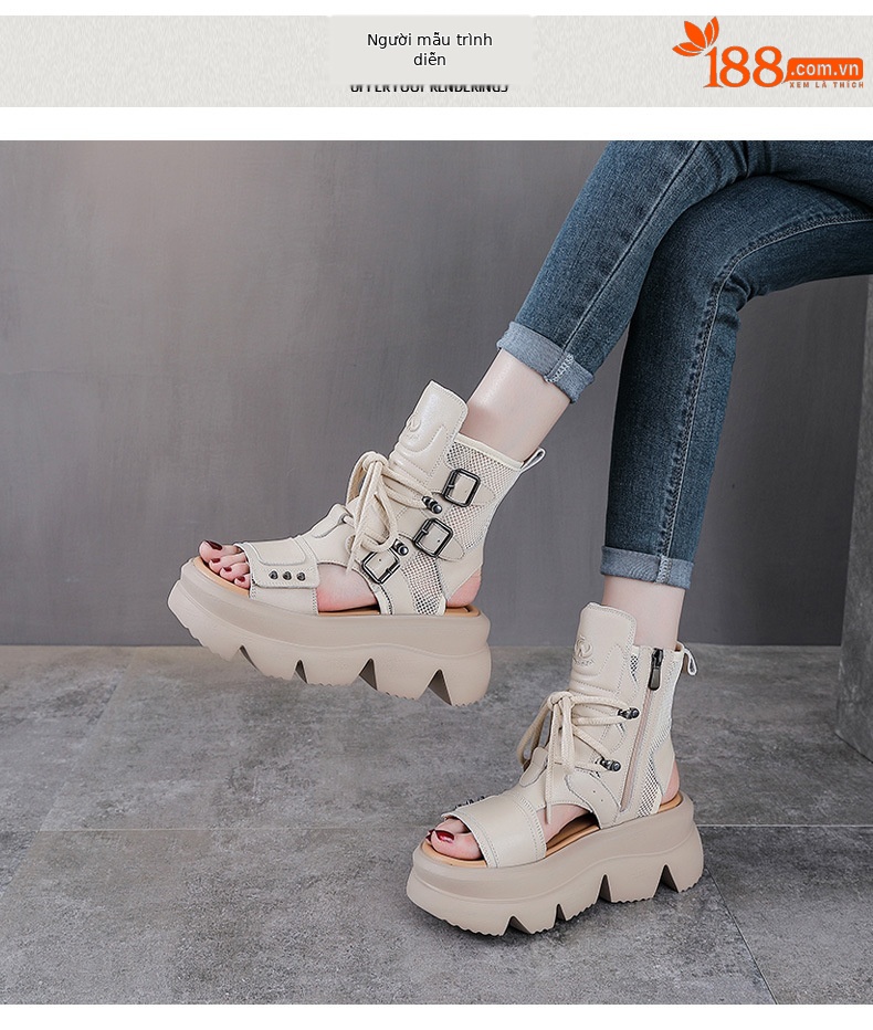 Dép sandal nữ hở mũi cổ điển da thật đế dày — màu be chi tiết 9