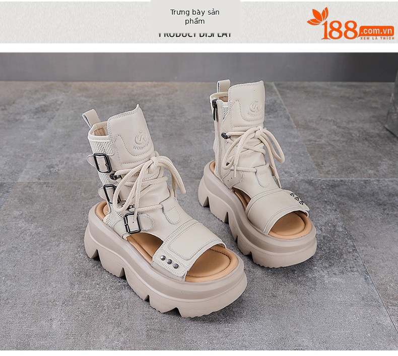 Dép sandal nữ hở mũi cổ điển da thật đế dày — màu be chi tiết 10