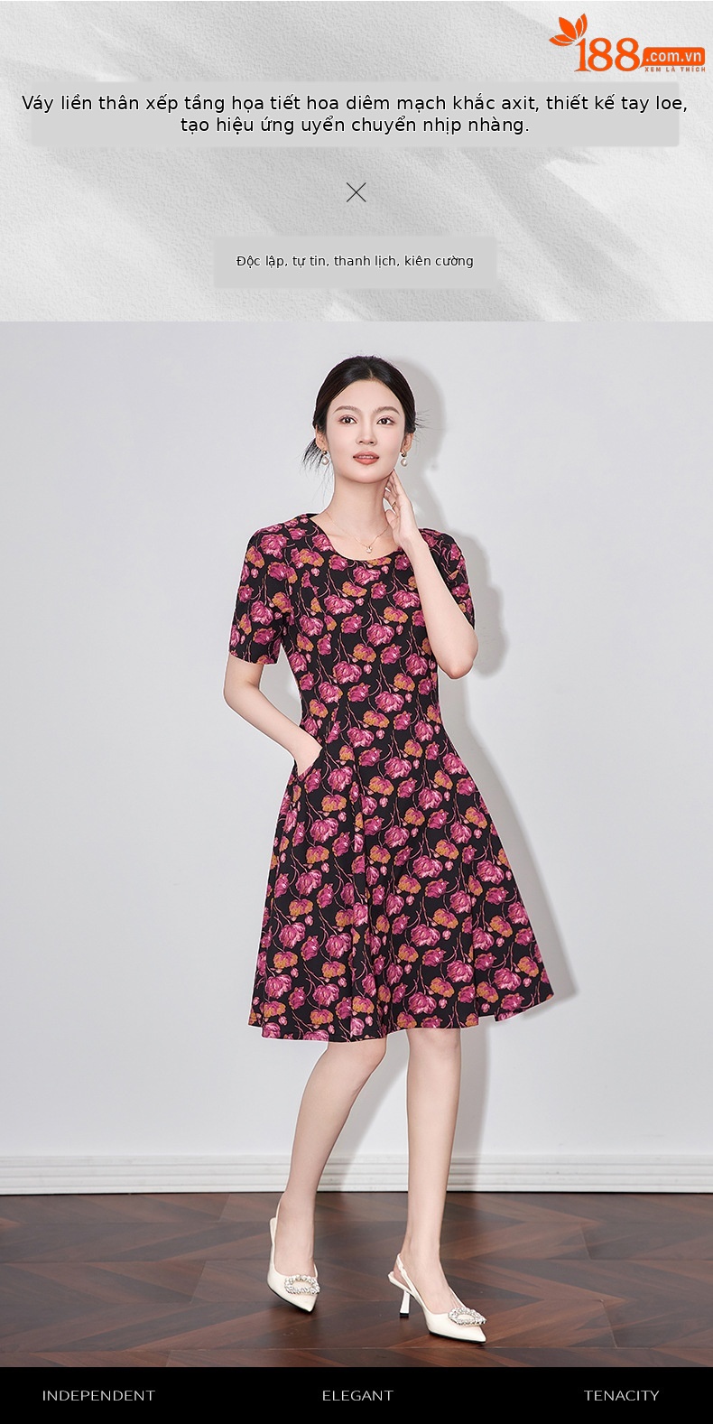 Đầm maxi nữ thắt eo tay ngắn in họa tiết hoa cổ điển kiểu Pháp — hoa hồng đỏ chi tiết 1