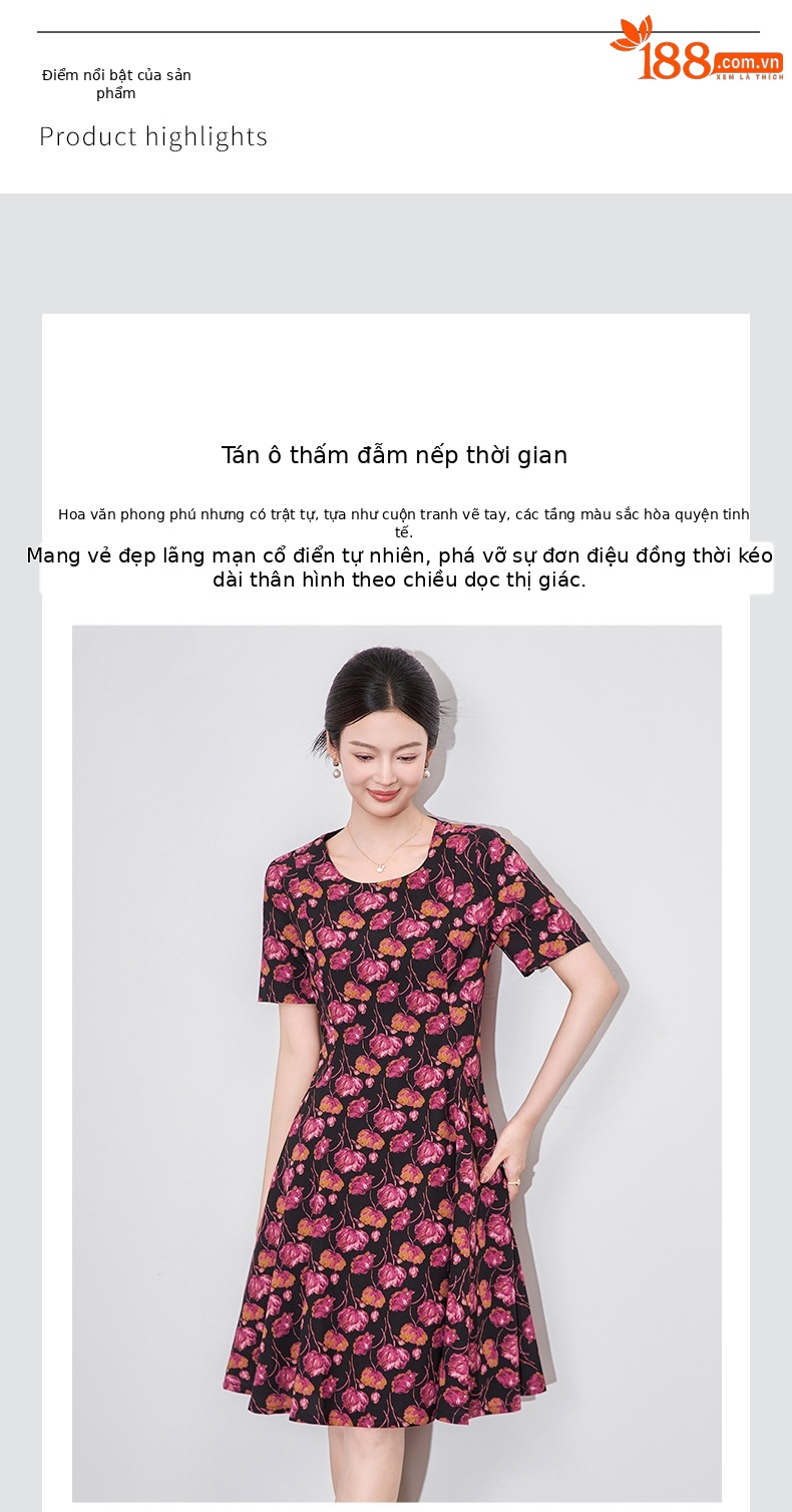 Đầm maxi nữ thắt eo tay ngắn in họa tiết hoa cổ điển kiểu Pháp — hoa hồng đỏ chi tiết 4