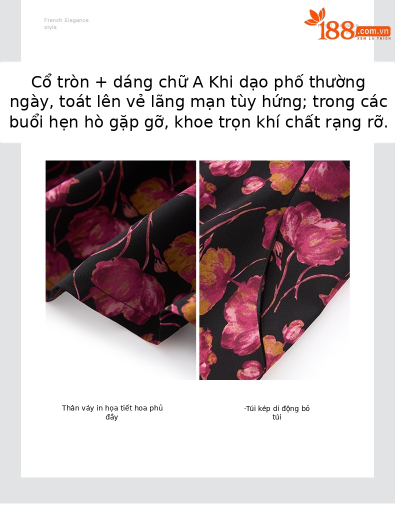Đầm maxi nữ thắt eo tay ngắn in họa tiết hoa cổ điển kiểu Pháp — hoa hồng đỏ chi tiết 5