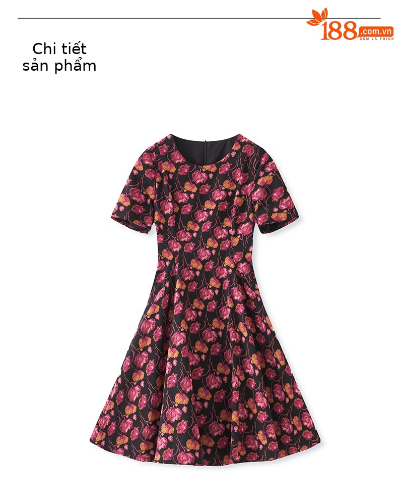 Đầm maxi nữ thắt eo tay ngắn in họa tiết hoa cổ điển kiểu Pháp — hoa hồng đỏ chi tiết 10