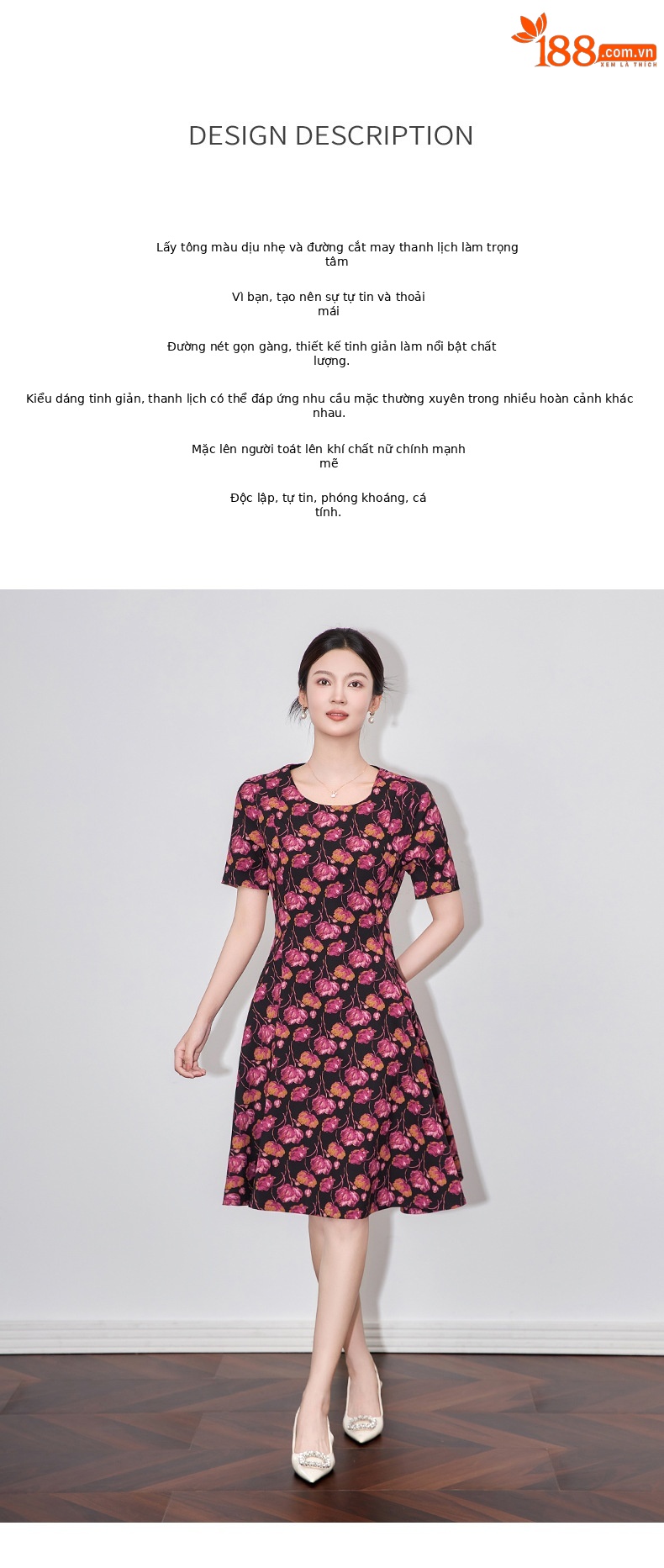 Đầm maxi nữ thắt eo tay ngắn in họa tiết hoa cổ điển kiểu Pháp — hoa hồng đỏ chi tiết 2