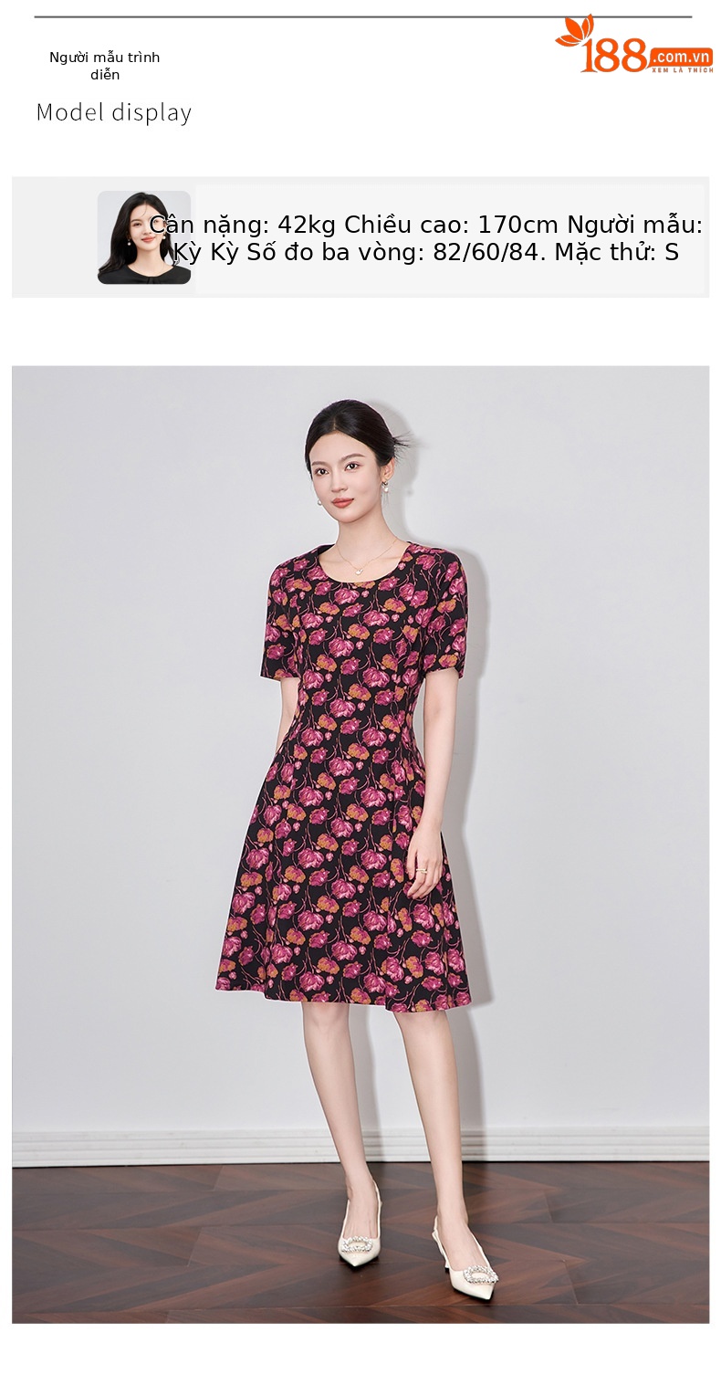 Đầm maxi nữ thắt eo tay ngắn in họa tiết hoa cổ điển kiểu Pháp — hoa hồng đỏ chi tiết 6
